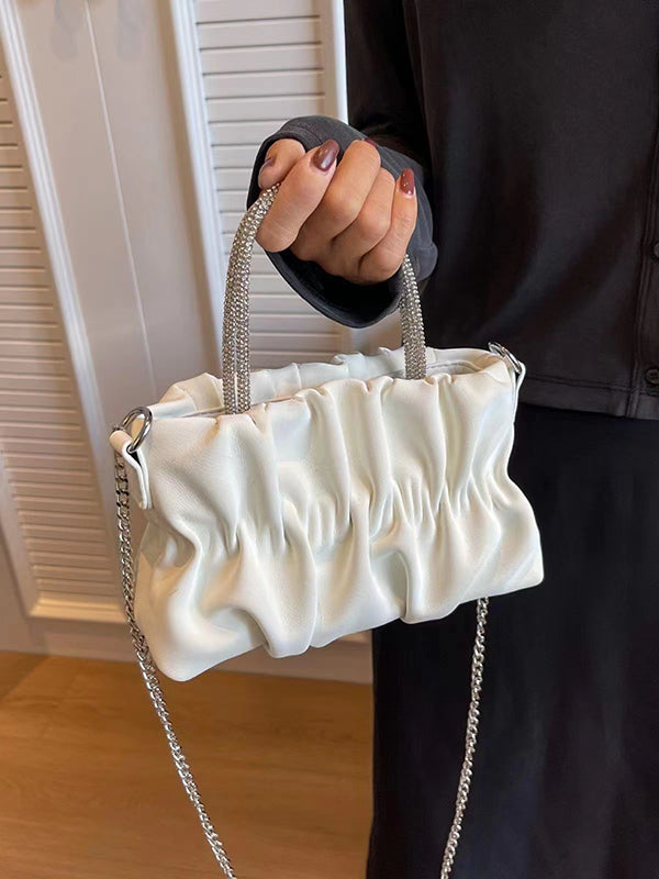 Chains Pleated Rhinestone Solid Color Zipper Crossbody Bags Accessories