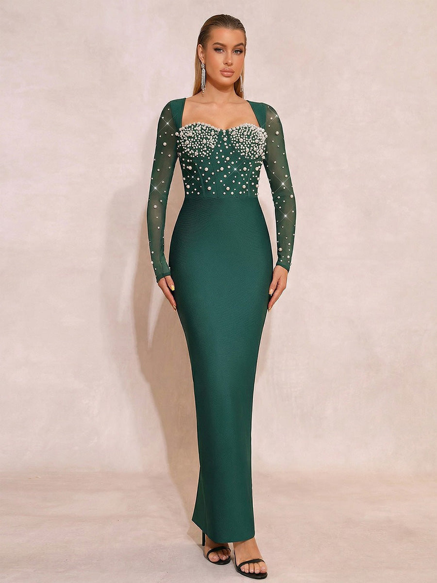 Delilah Long-Sleeve Maxi Dress with Pearl Beading