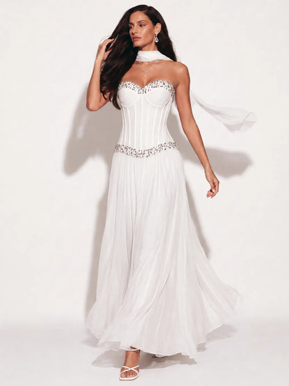Adela Rhinestone-Embellished Pleated Strapless Top and Maxi Skirt Set