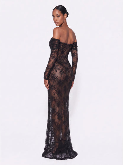 Cosima Rhinestone Strapless Lace Maxi Dress