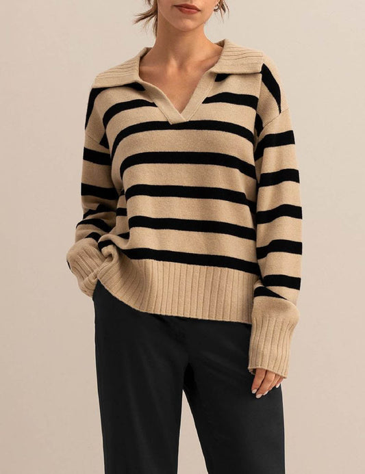 Winter Polo Collar Striped Knit Pullover Sweater