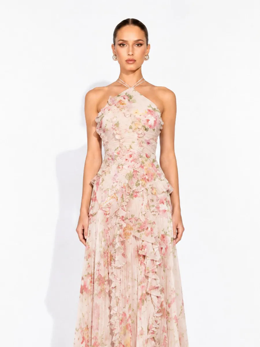 Arianne Pleated Print Sleeveless Maxi Dress