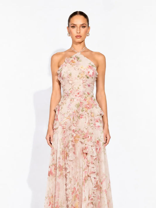 Arianne Pleated Print Sleeveless Maxi Dress