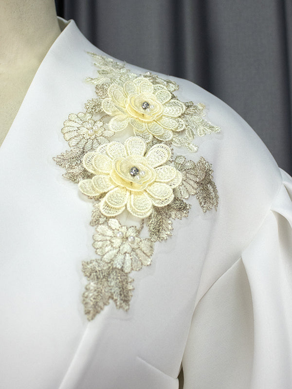 Half Sleeves Loose Asymmetric Embroidered Pleated Split-Joint Deep V-Neck Blouses&Shirts Tops