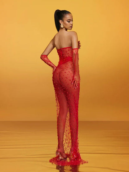 Asterra Strapless Pearl Mesh Maxi Dress
