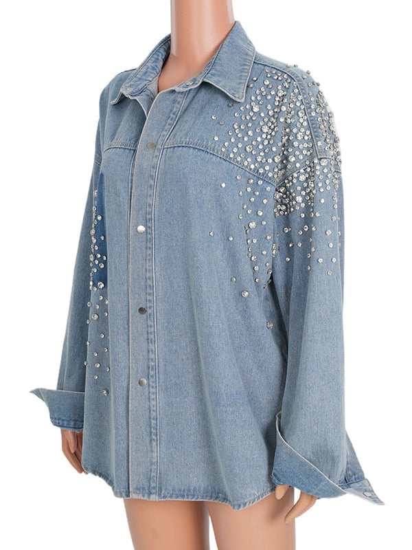 Loose Contrast Color Rhinestone Blouses&Shirts Tops