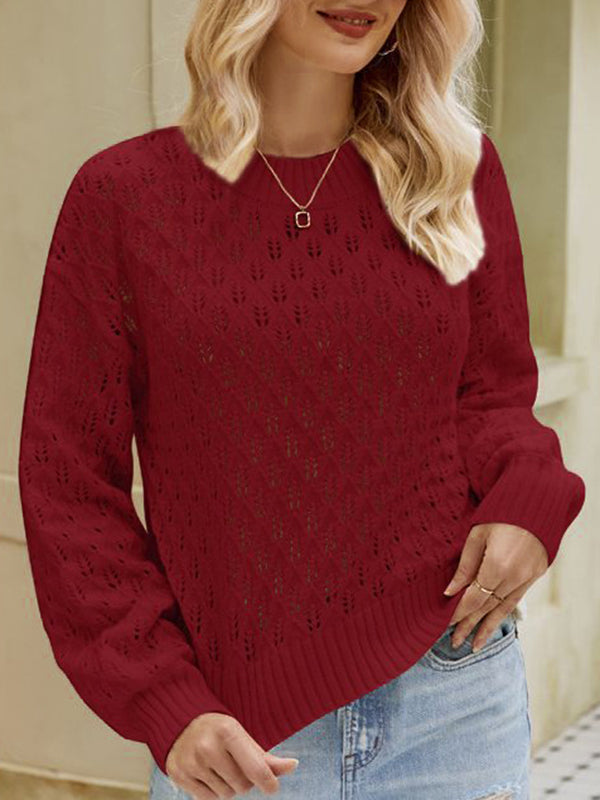 Long Sleeves Loose Hollow Solid Color Round-Neck Knitwear Pullovers Sweater Tops