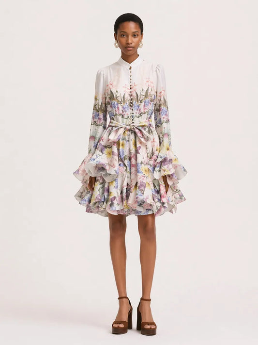Ivy Long-Sleeve Printed Linen Mini Dress