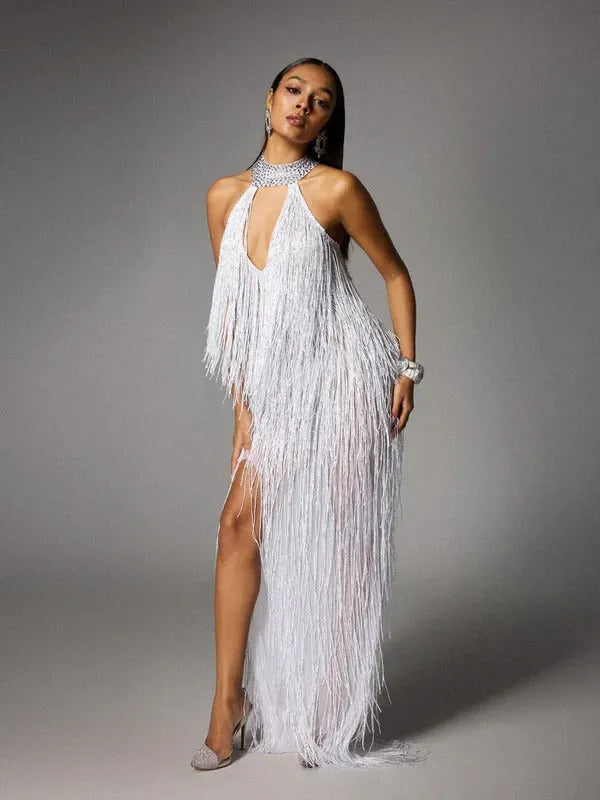 Elvrik Halterneck Fringe Cutout Split Maxi Dress
