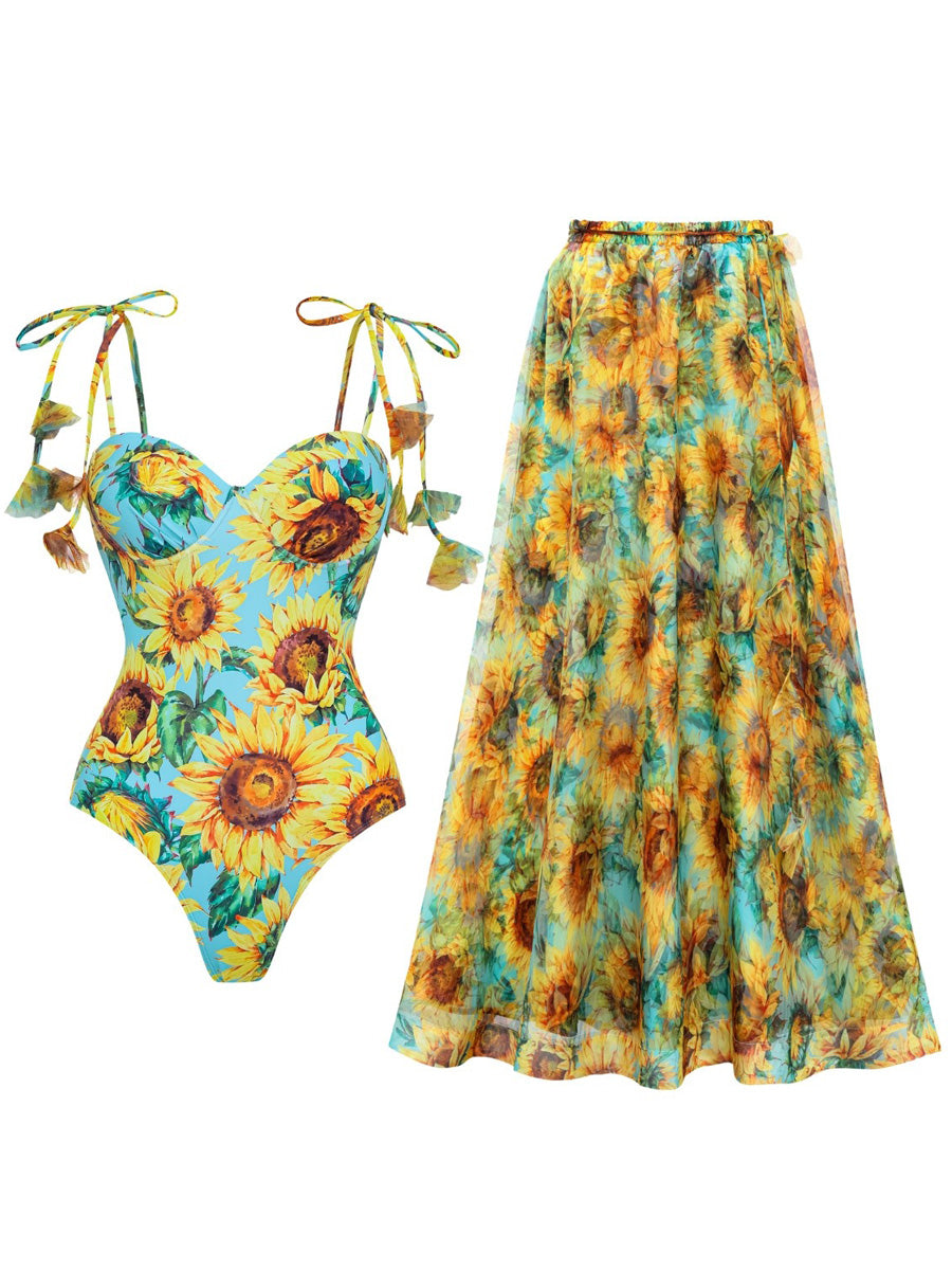 Jocelyn Sunflower-Print Lace-Up Swimsuit Set