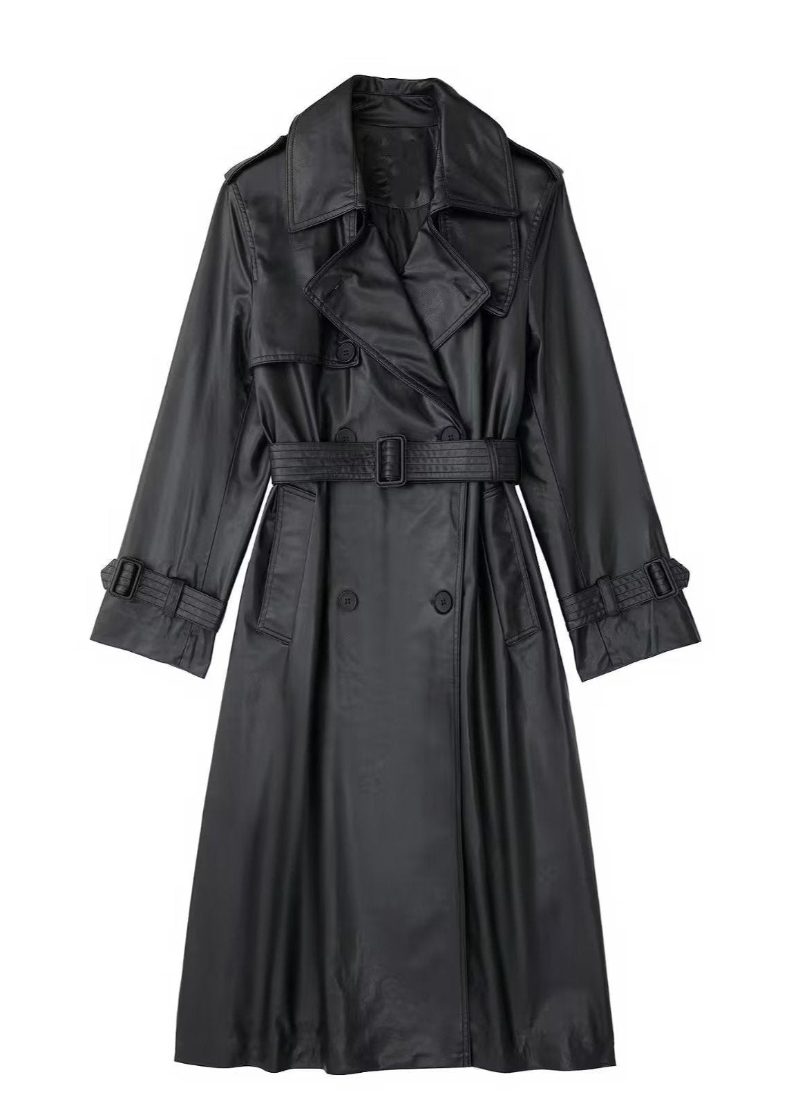 Long Leather Wind Coat With Belted Waist