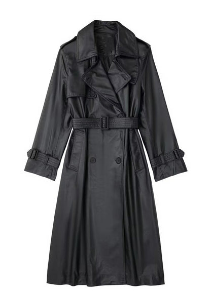 Long Leather Wind Coat With Belted Waist