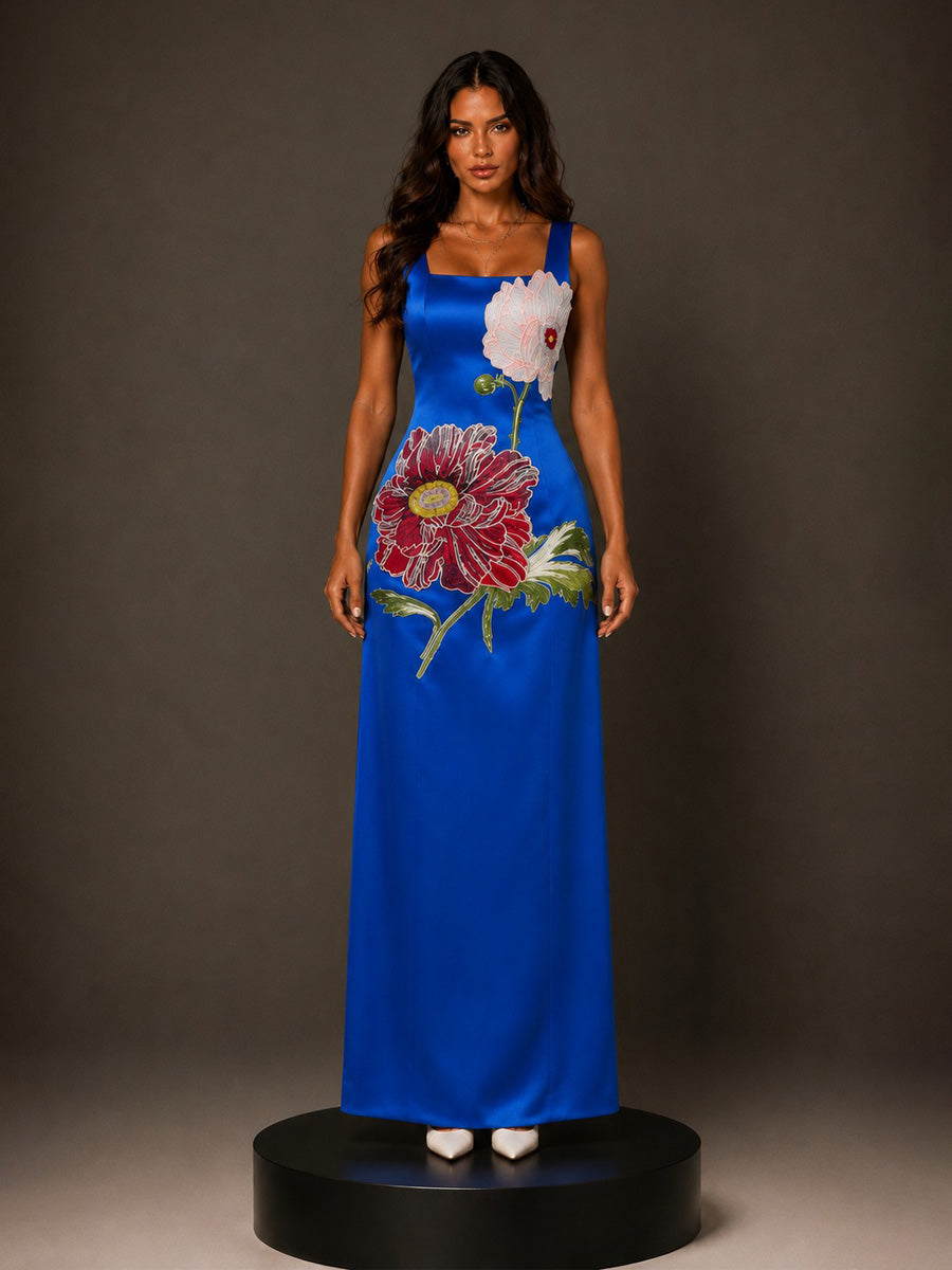 Eloisa Maxi Dress with Embroidered Large Floral Panels