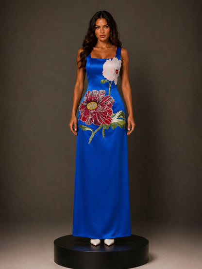 Eloisa Maxi Dress with Embroidered Large Floral Panels