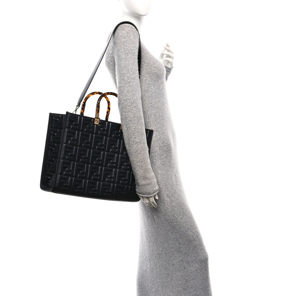 Vitello Plexiglass FF Embossed Medium Fendi Sunshine Shopper Tote Black