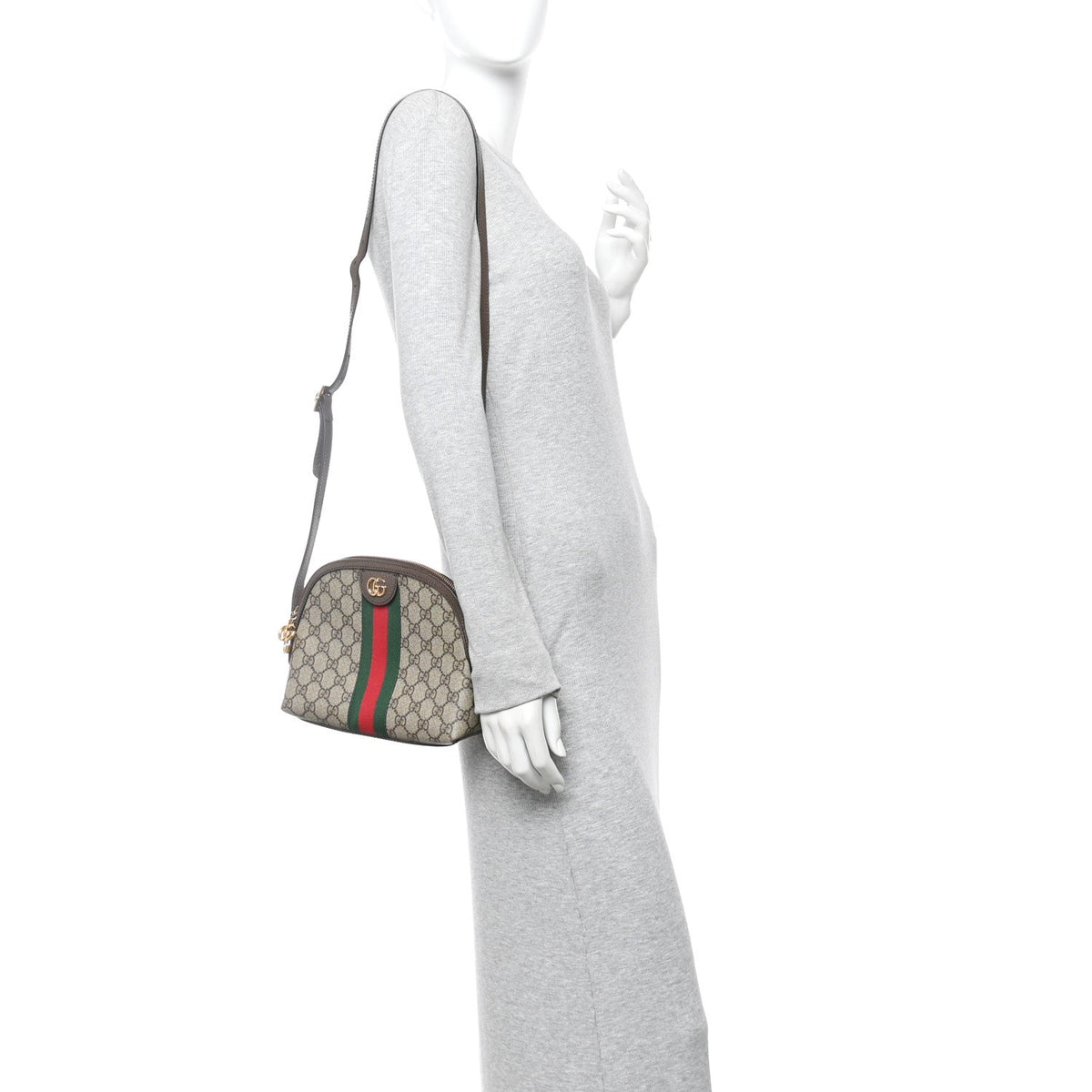 GG Supreme Monogram Textured Dollar Calfskin Web Small Ophidia Dome Shoulder Bag Beige Ebony New Acero