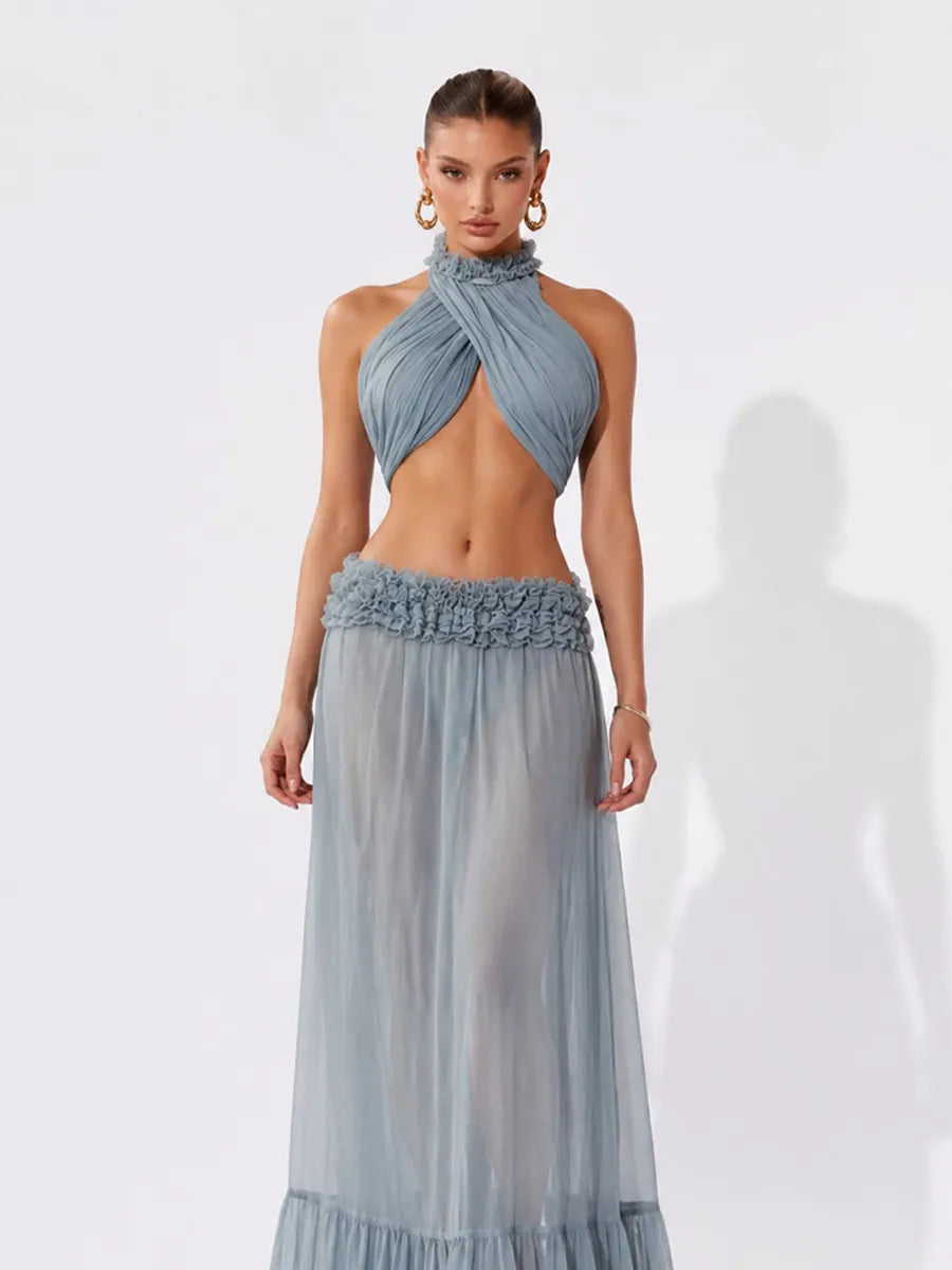 Persephone Crisscross Halter Top and Ruffled Maxi Skirt Set