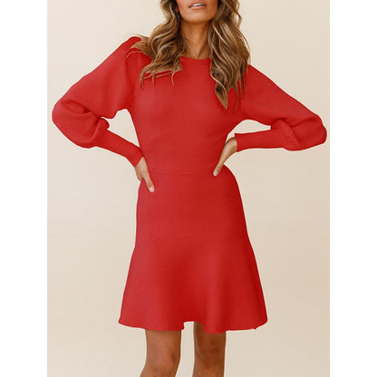 Puff Sleeves Wrap Solid Color Round-Neck Mini Dresses