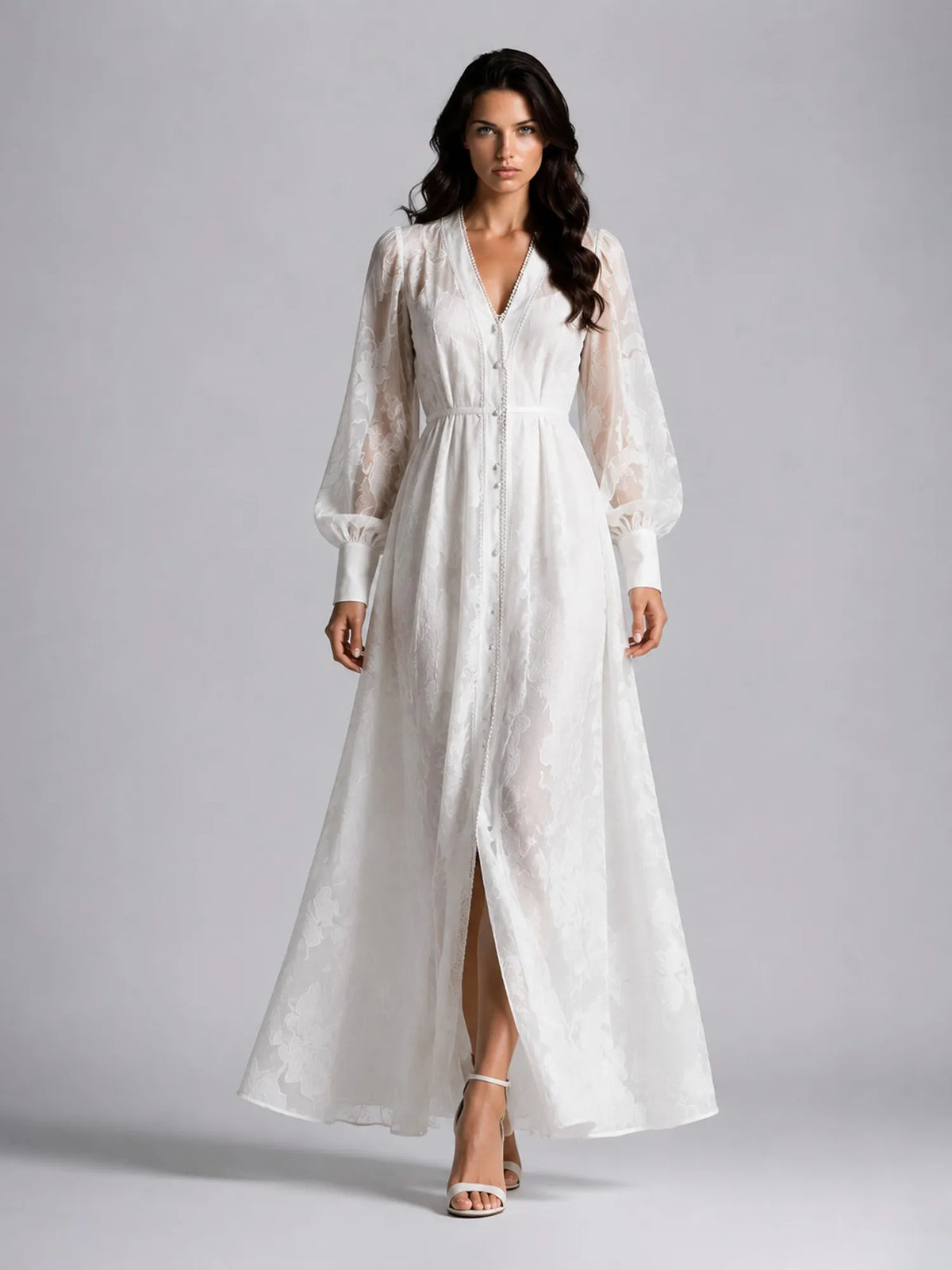 Kennedy Embroidered Lace Maxi Dress with Lantern Sleeves
