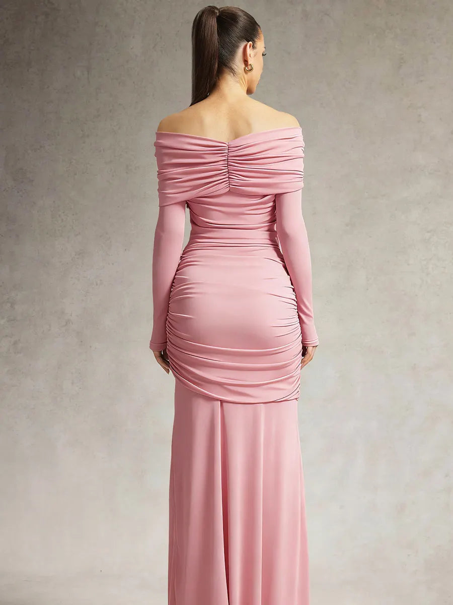 Ivy Off Shoulder Long Sleeve Ruched Pink Maxi Dress