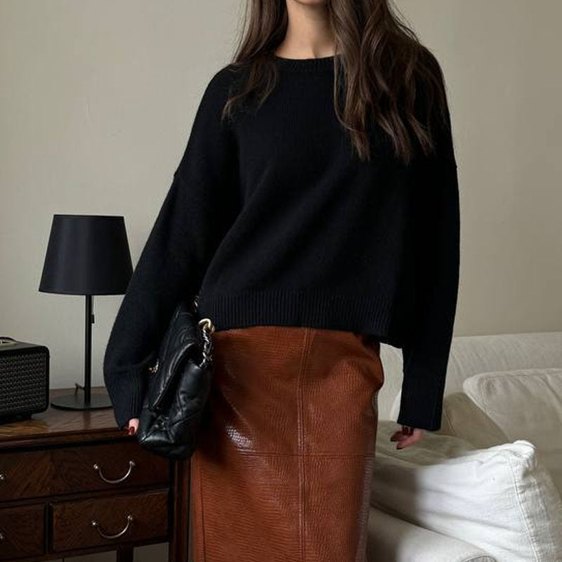 Winter Thick Round Neck Solid Color Crop Sweater