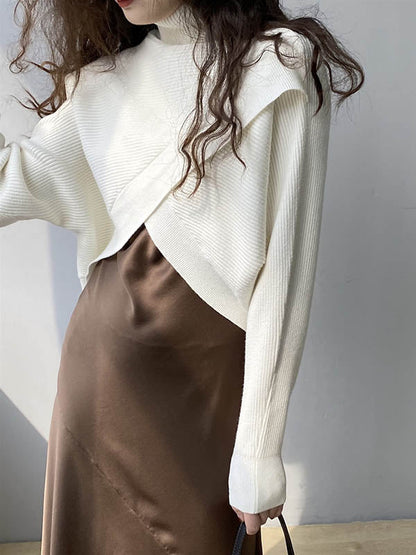 Stylish 4 Colors Knitting High-Neck Asymmetric Split-Front Sweater