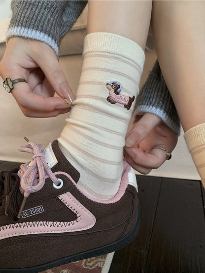Rufia - Cute Dog Embroidered Mid-calf Socks