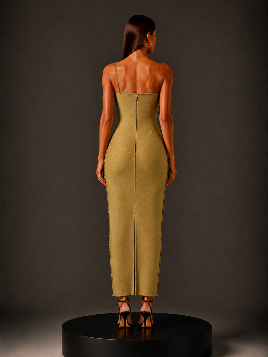 Luna One-Shoulder Tasseled Bandage Maxi Dress In Gold