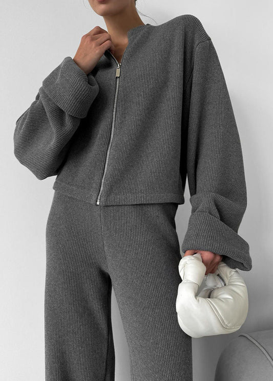 Knit Lounge Set Ribbed Blend Zip Jacket And Wide-Leg Pants