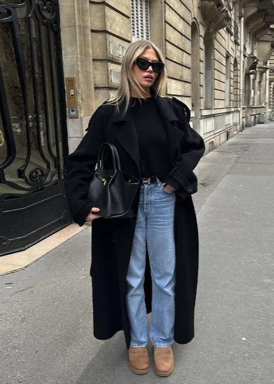 Classic Black Wool Blend Trench Coat with Oversized Lapel