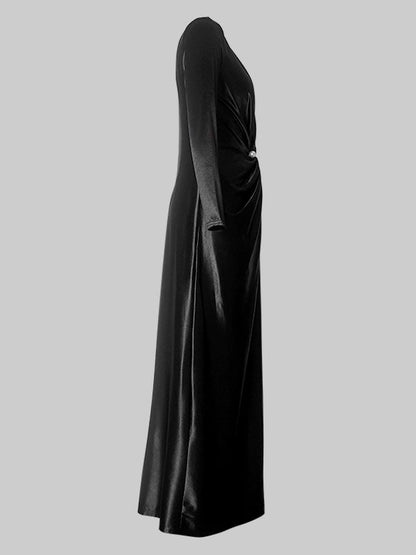 Bodycon Long Sleeves Pleated Solid Color Split-Front Tied Waist Deep V-Neck Maxi Dresses