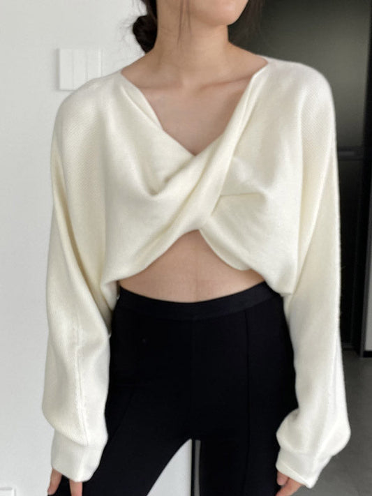 Batwing Sleeves Long Sleeves Knot Solid Color V-Neck Pullovers Sweater Tops