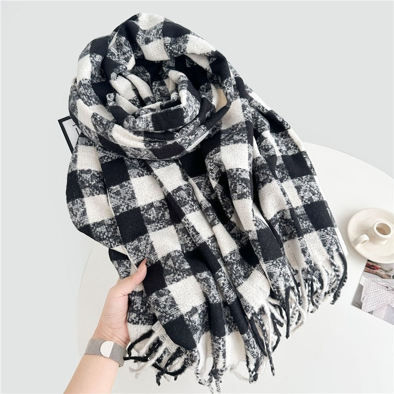 Color Block Plaid Fringe Scarf