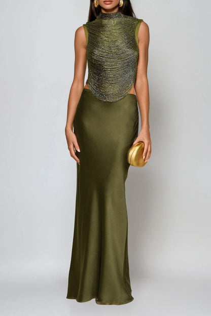 Fedde Fringe Satin Skirt Set In Olive