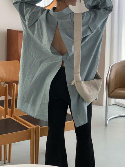 Long Sleeves Loose Buttoned Hollow Pleated Solid Color Split-Joint Lapel Blouses&Shirts Tops