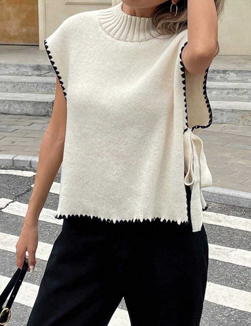 Simple Sleeveless Bow Tie Side Knit Sweater Vest