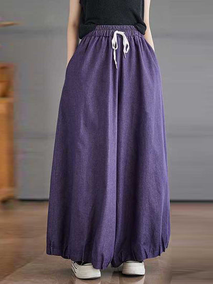 High Waisted Loose Drawstring Elasticity Pleated Pockets Culotte Knickerbockers