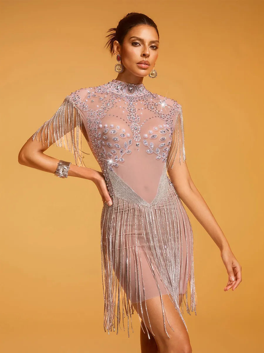 Evangeline Pearl Rhinestone Fringe Mesh Dress
