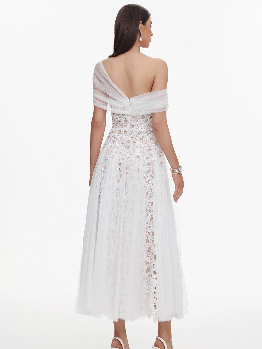 Liliana Elegant Tailored Off Shoulder Lace Tulle Maxi Dress