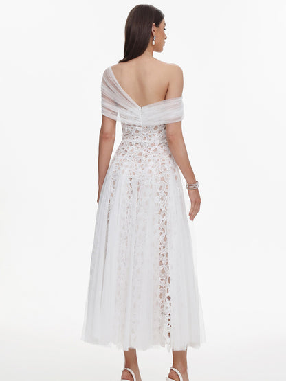 Liliana Elegant Tailored Off Shoulder Lace Tulle Maxi Dress