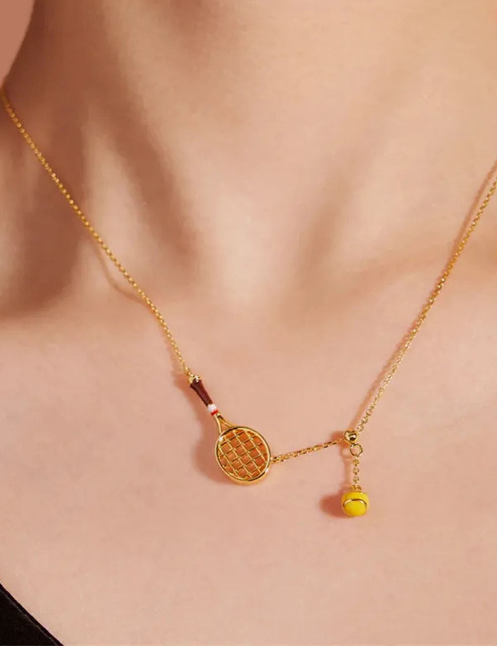 Funny Gold Plated Tennis Racket Ball Necklace