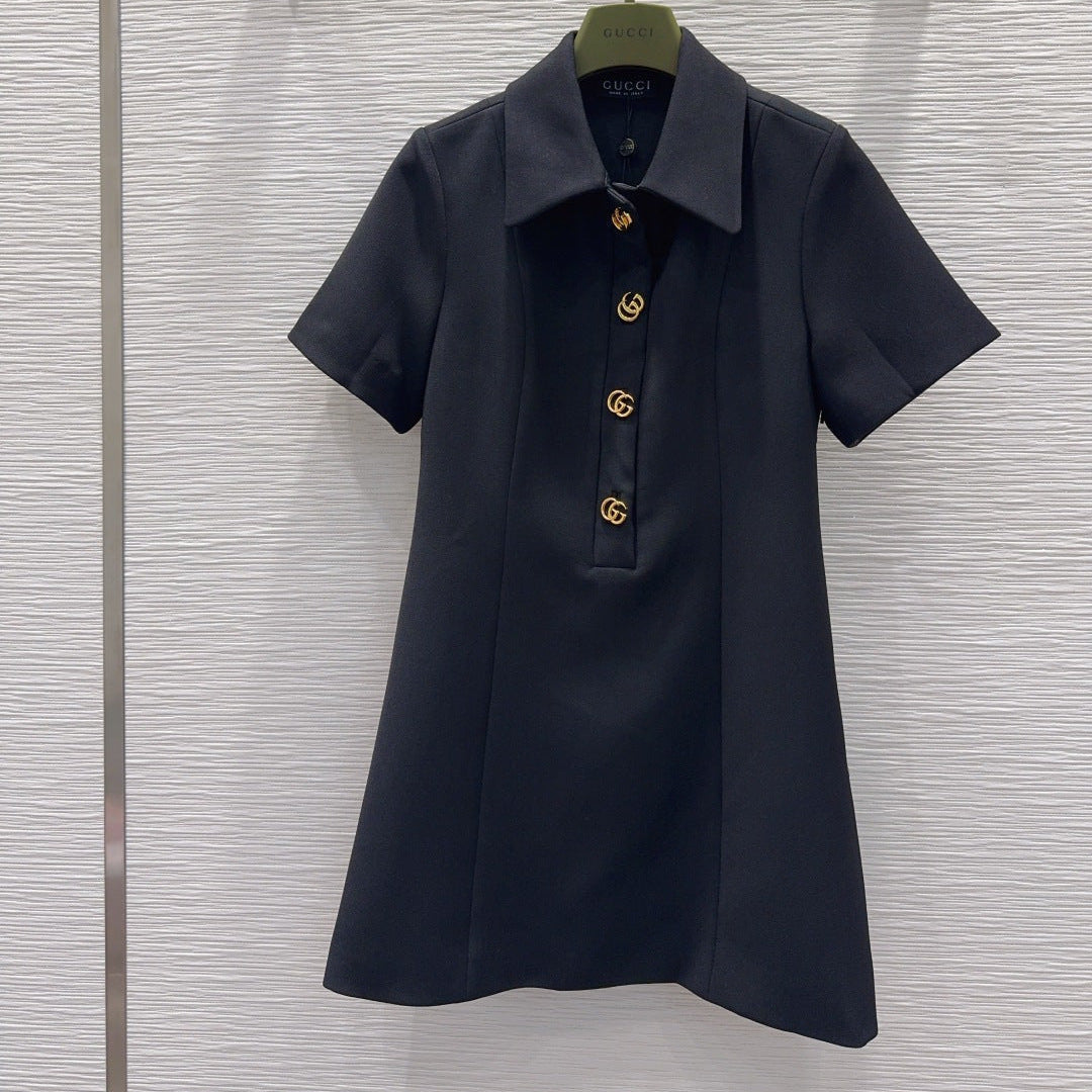 GG Crêpe Dress With Double G Button Black Wool 346685