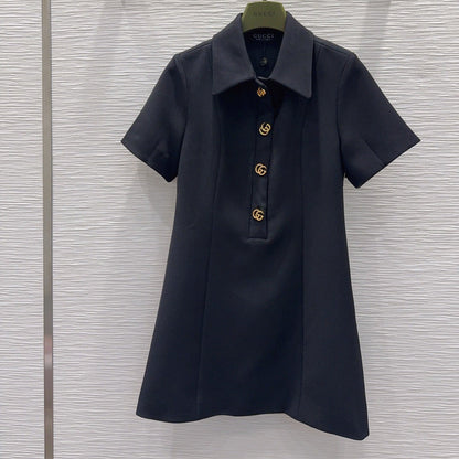 GG Crêpe Dress With Double G Button Black Wool 346685