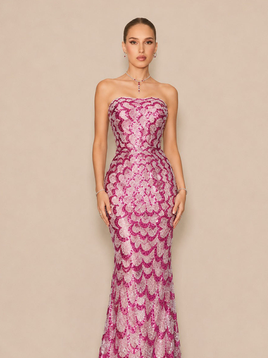 Aileen Romantic Contour Strapless Sequin Maxi Dress
