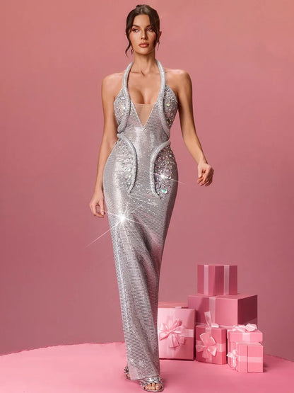 Naomi Halterneck Embellished Split Maxi Dress