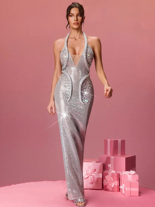 Naomi Halterneck Embellished Split Maxi Dress