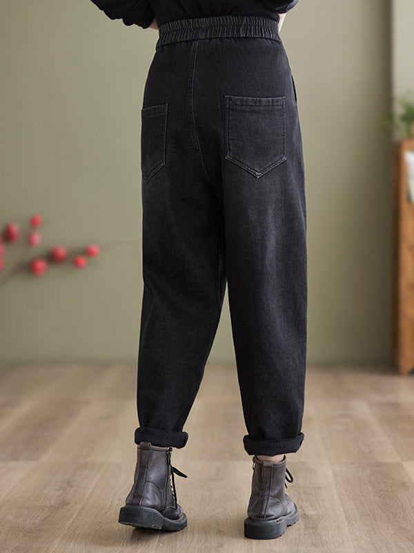 Casual Loose Velvet Elasticity Solid Color Harem Jean Pants Bottoms