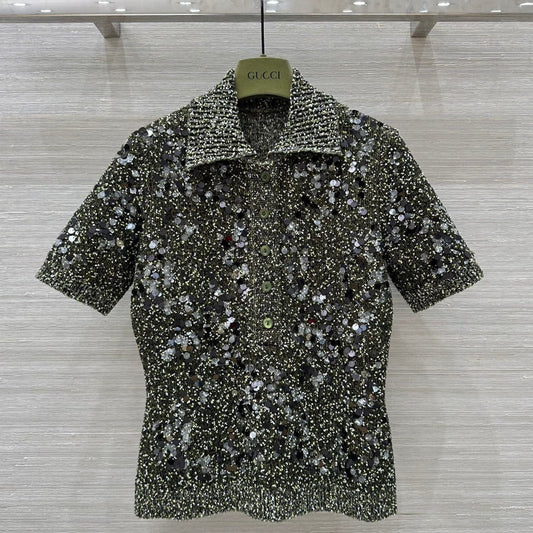 Gucci Knitted Polo Short-sleeved Top Green Wool