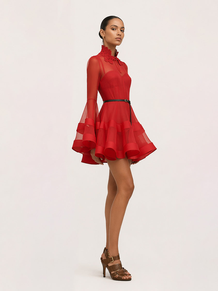 Peyton Long-Sleeve Mesh Mini Dress In Red