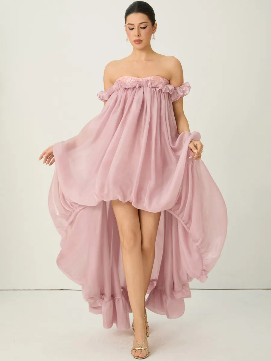 Calliope Pink Off Shoulder High Low Ruffle Maxi Dress